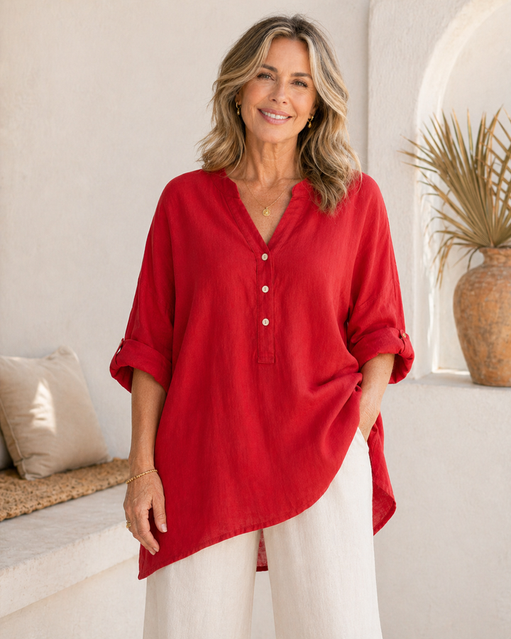 Veronique™ Elegant Cotton-Linen V-Neck Blouse