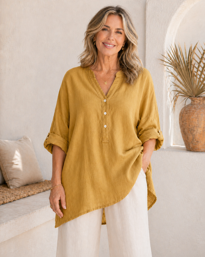 Veronique™ Elegant Cotton-Linen V-Neck Blouse
