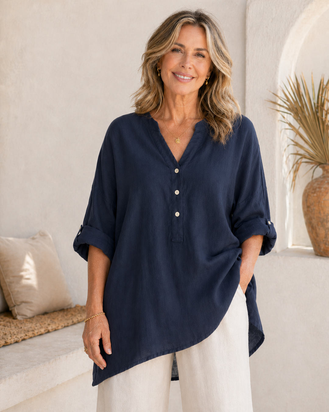 Veronique™ Elegant Cotton-Linen V-Neck Blouse
