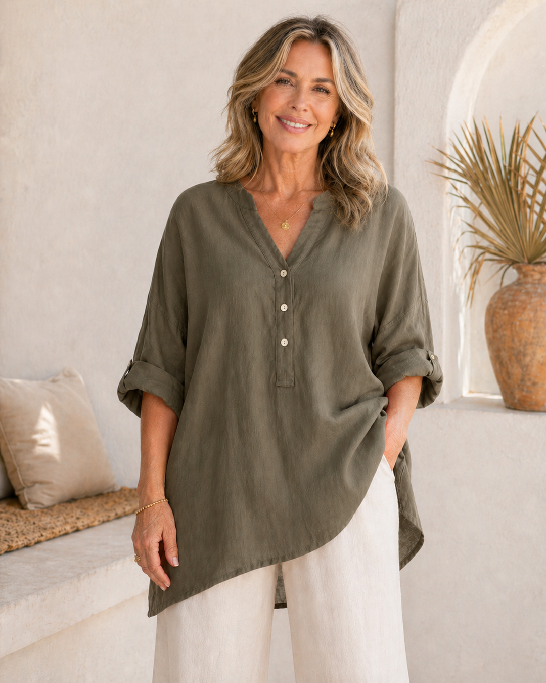 Veronique™ Elegant Cotton-Linen V-Neck Blouse
