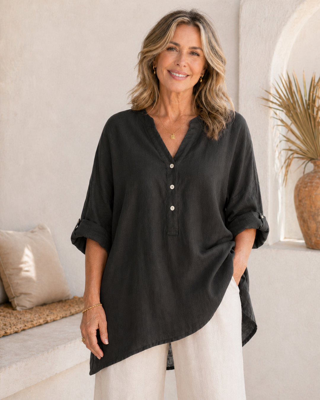 Veronique™ Elegant Cotton-Linen V-Neck Blouse