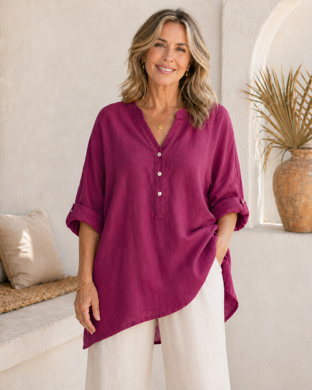Veronique™ Elegant Cotton-Linen V-Neck Blouse