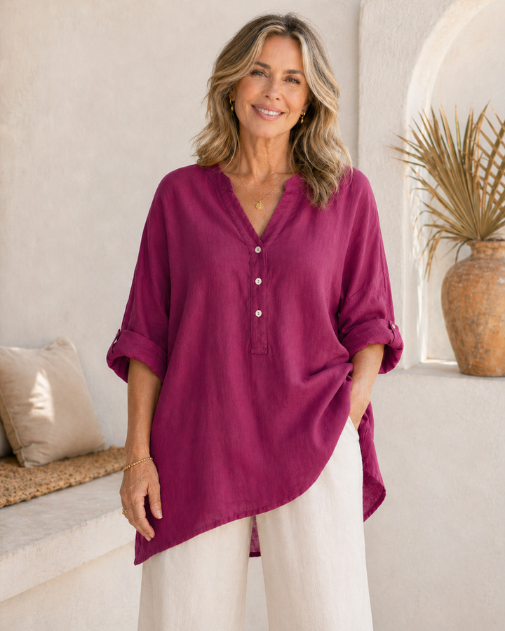 Veronique™ Elegant Cotton-Linen V-Neck Blouse