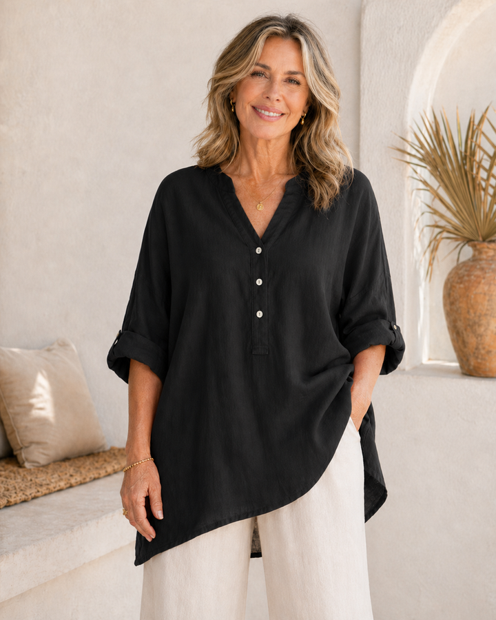 Veronique™ Elegant Cotton-Linen V-Neck Blouse