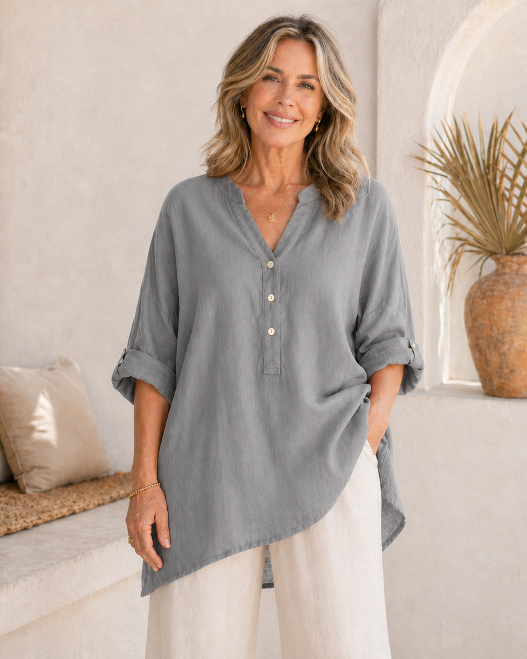 Veronique™ Elegant Cotton-Linen V-Neck Blouse