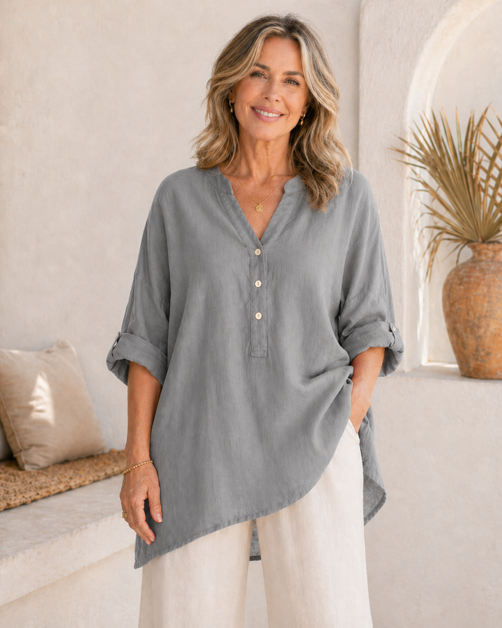 Veronique™ Elegant Cotton-Linen V-Neck Blouse