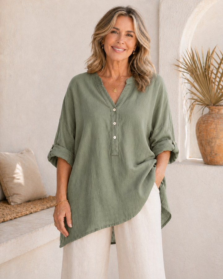 Veronique™ Elegant Cotton-Linen V-Neck Blouse