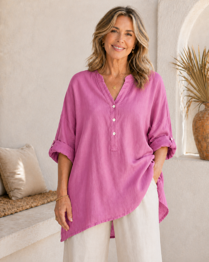 Veronique™ Elegant Cotton-Linen V-Neck Blouse